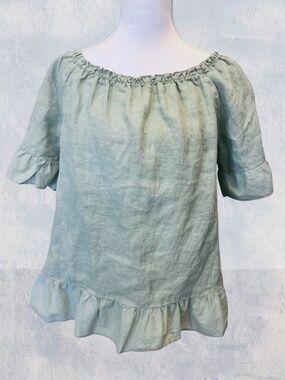 Terzo Millennio Sage Green 100% Linen Natural Fiber Ruffle Hem Top Italy Large